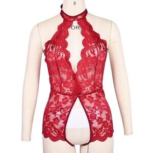 Ababoon Maroon Red Lace Halter Lingerie Teddy Open Gusset NWT Women’s M